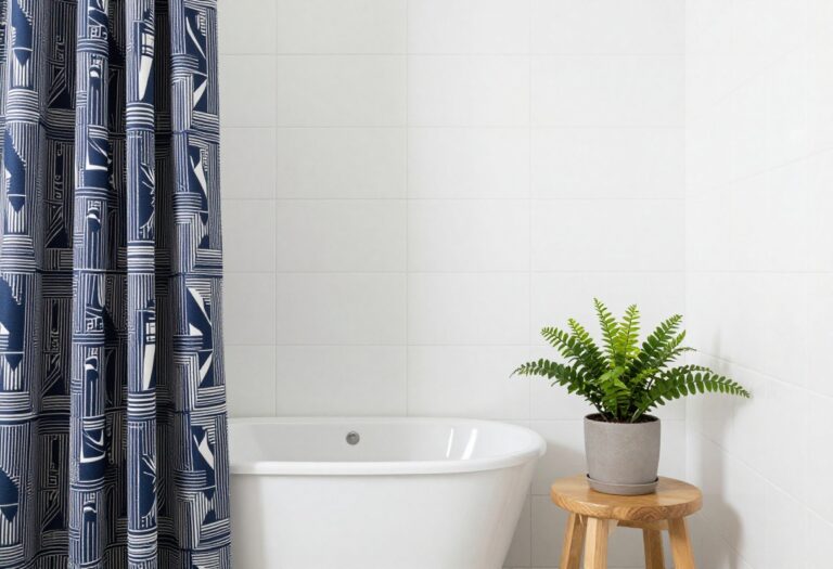 Modern bathroom with navy and white geometric shower curtain, white tiles, and a plant on a wooden stool.