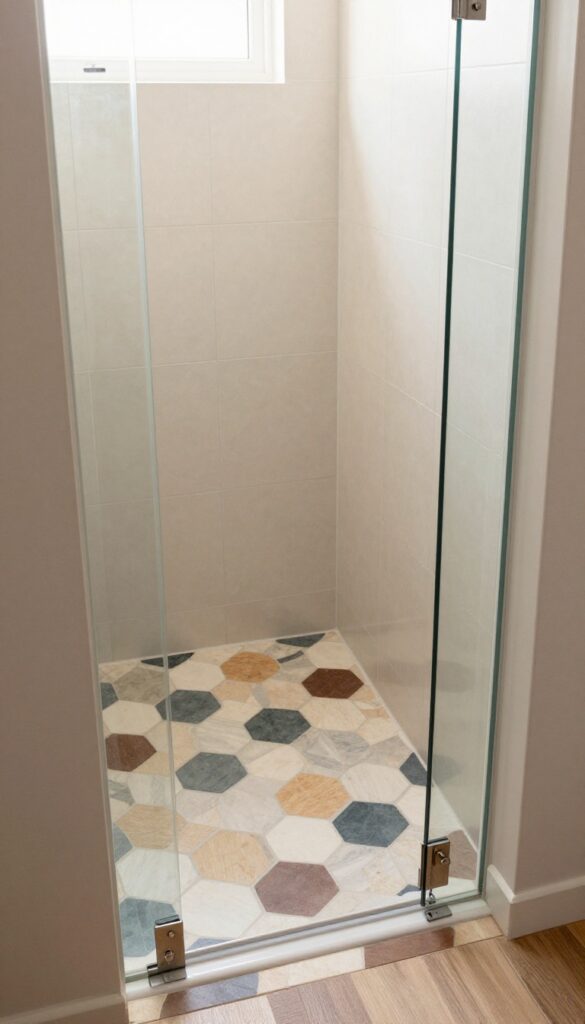 A walk-in shower with a geometric patterned floor of hexagon tiles in two or three colors, bright natural light, clean design, and frameless glass door.
