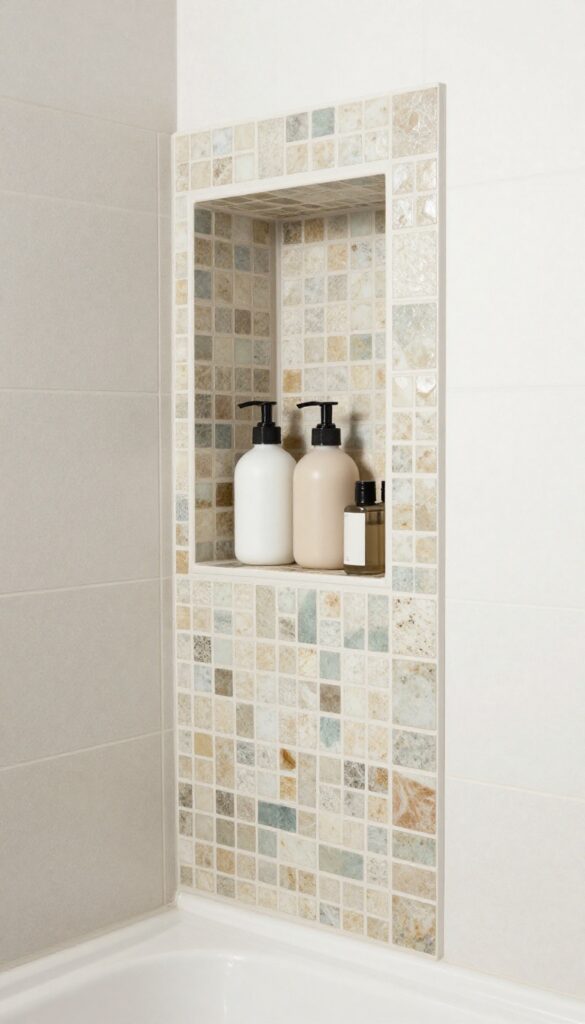 A shower niche with mosaic tile lining for storage in a bright bathroom setting.