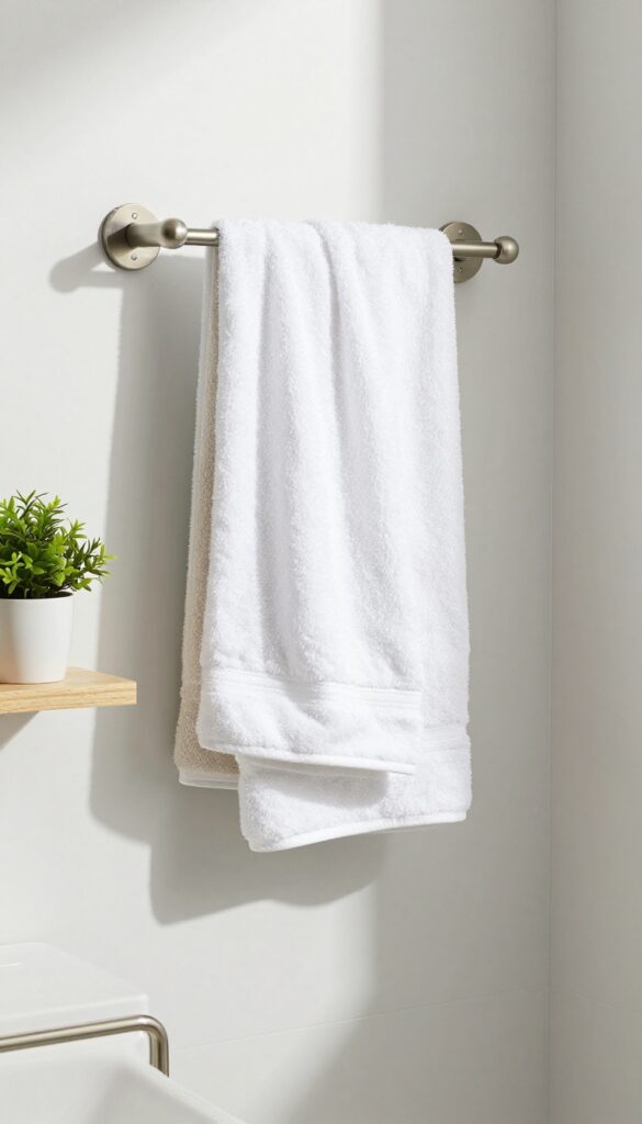 A corner-mounted towel rack in a modern bathroom, utilizing an awkward angle for smart storage with towels and a decorative plant