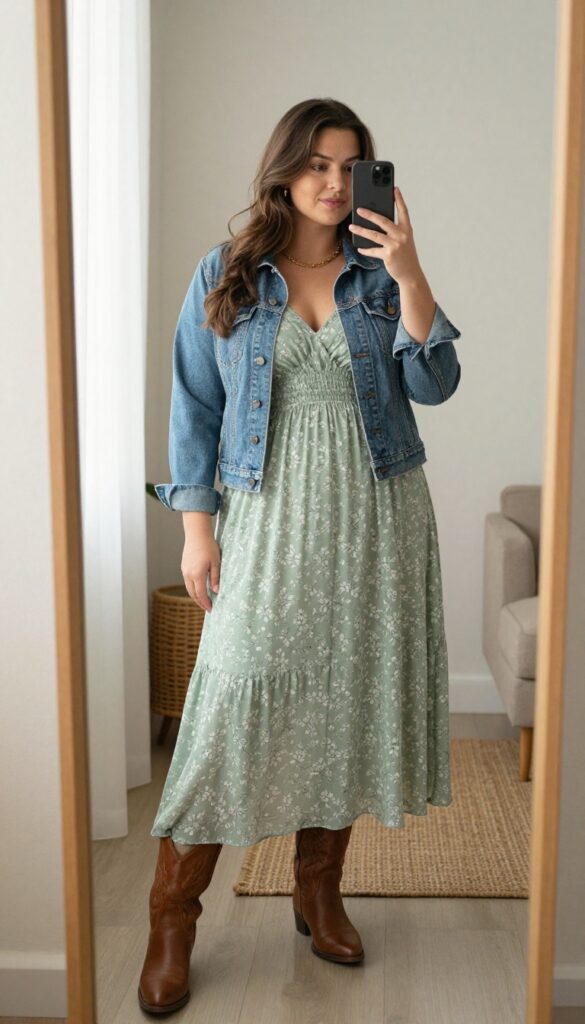 Plus-size woman in a flowy sage green maxi dress with floral print, denim jacket, and brown cowboy boots, taking a mirror selfie in a bright room.