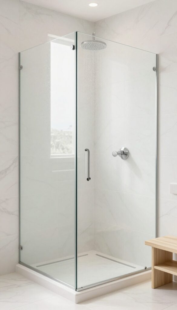 Continuous floor-to-wall large tile walk-in shower with seamless marble-look porcelain tiles, creating an expansive and cohesive spa-like bathroom.