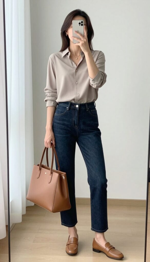 A woman in her 30s takes a mirror selfie, wearing a cream blouse tucked into dark-wash straight-leg jeans, with loafers and a structured tote bag, in a bright modern room.