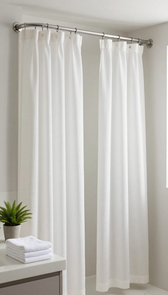 A photorealistic image of a modern bathroom featuring a double curved shower curtain rod with layered curtains in neutral tones and white liner, creating a spa-like experience with natural light and clean decor.
