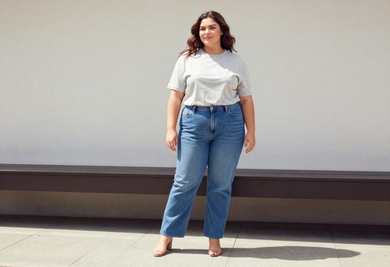 A plus-size woman wearing an oversized graphic tee and straight-leg jeans in a 90s-inspired outfit, styled for casual wear with a relaxed and confident vibe in natural light.