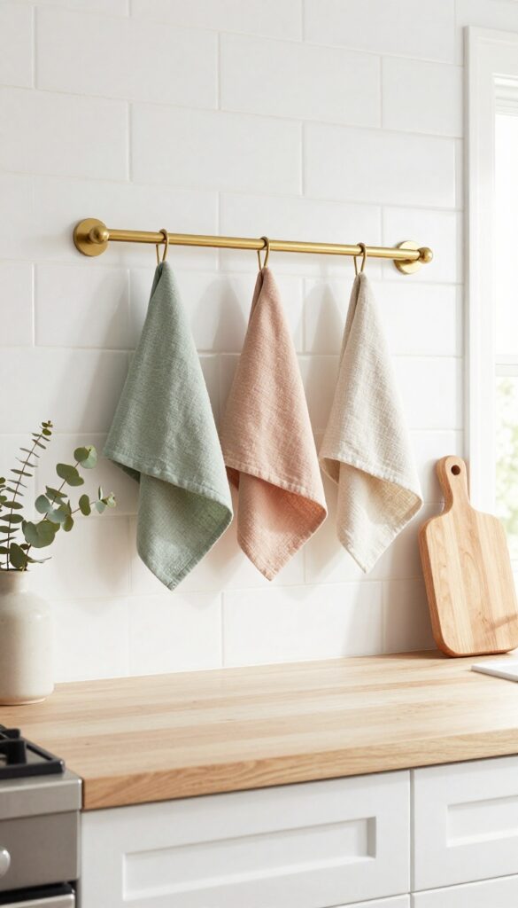 Linen tea towels in earthy tones hanging on a brass rail in a bright kitchen, adding texture and warmth.