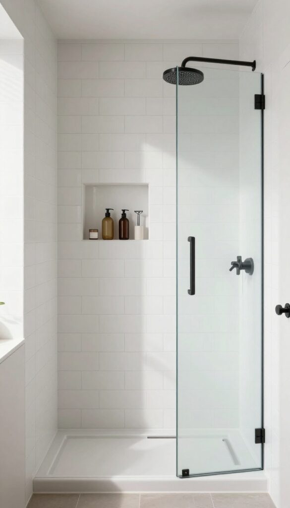Luxurious walk-in shower with built-in niches for streamlined storage, featuring white subway tile and natural light