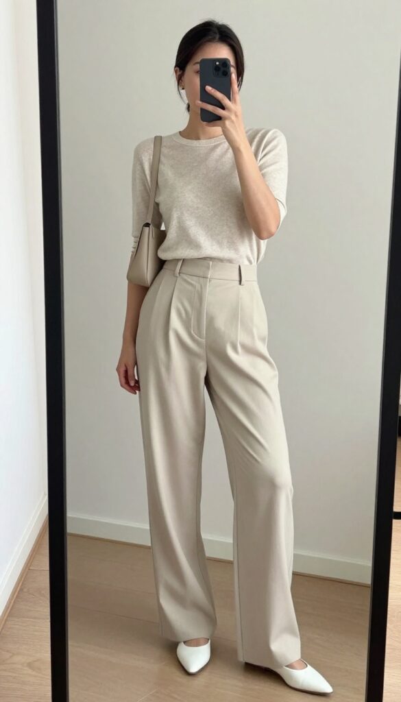 A woman in a fitted knit top and high-waisted wide-leg pants poses in a mirror selfie, with a simple belt and pointed flats, exuding a polished yet comfortable business casual vibe.