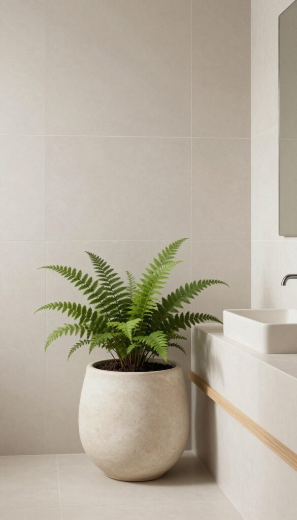 A serene Zen spa bathroom with a single indoor plant in a neutral planter to create a calm retreat atmosphere.
