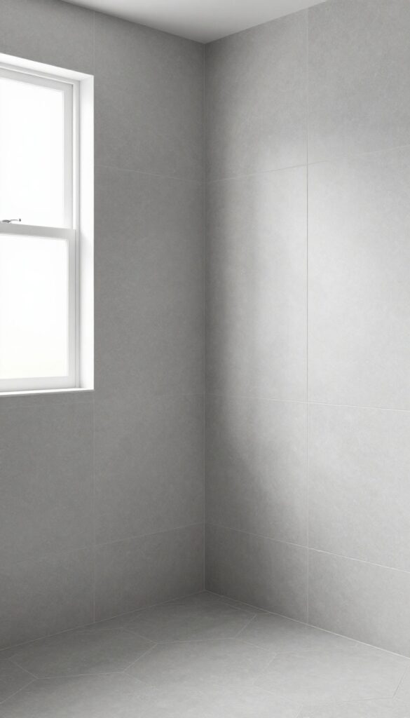 A calm and clean gray bathroom with hexagon floor tiles in natural light.