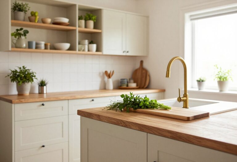 Cozy small kitchen with warm butcher block countertop and cream cabinets