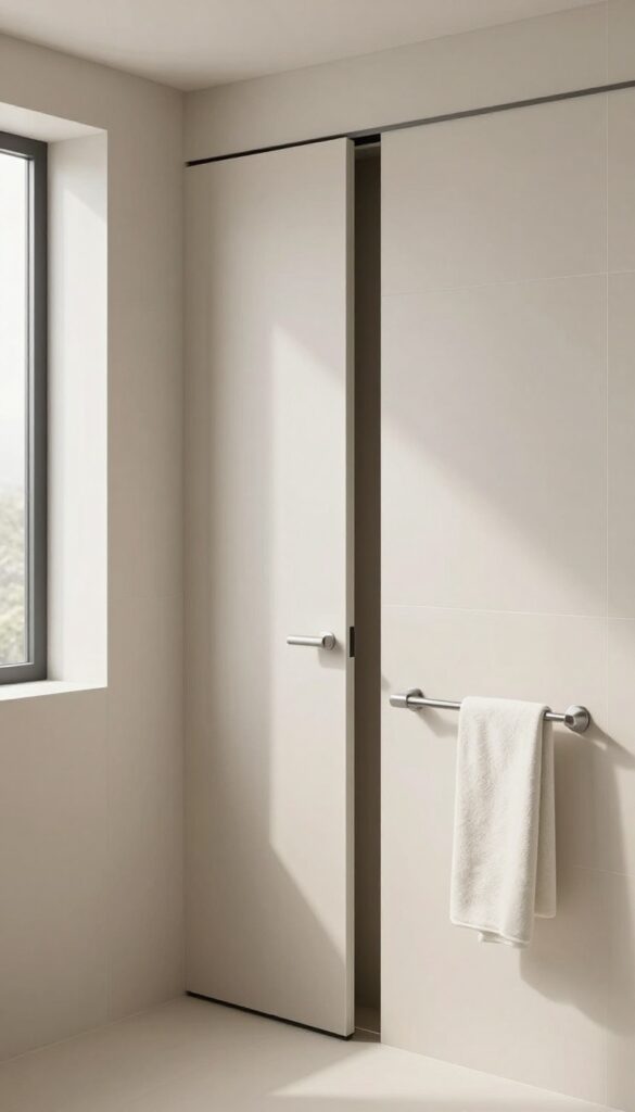A pocket sliding door in a small bathroom, tucking into the wall to save space, with light tiles and minimalist decor.