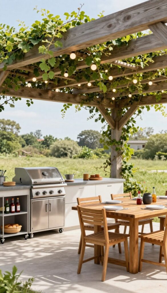 Pergola-shaded outdoor kitchen with grill and dining table