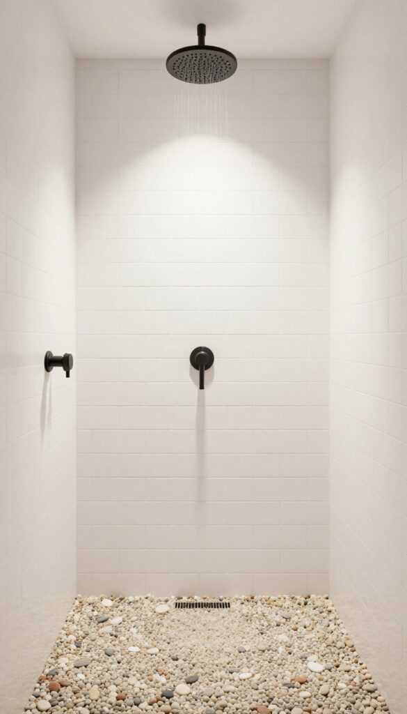 Pebble tile flooring in a coastal shower with white wall tiles and matte black fixtures.