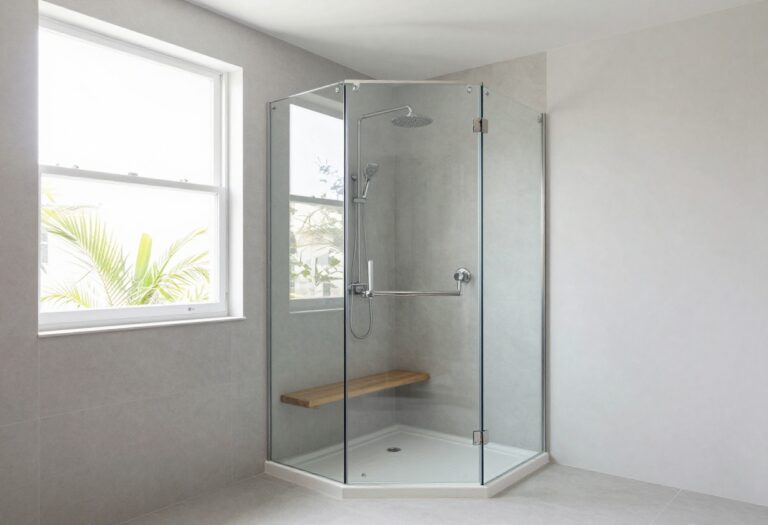 Neo angle shower with frameless glass doors and rain shower head in a light, airy bathroom