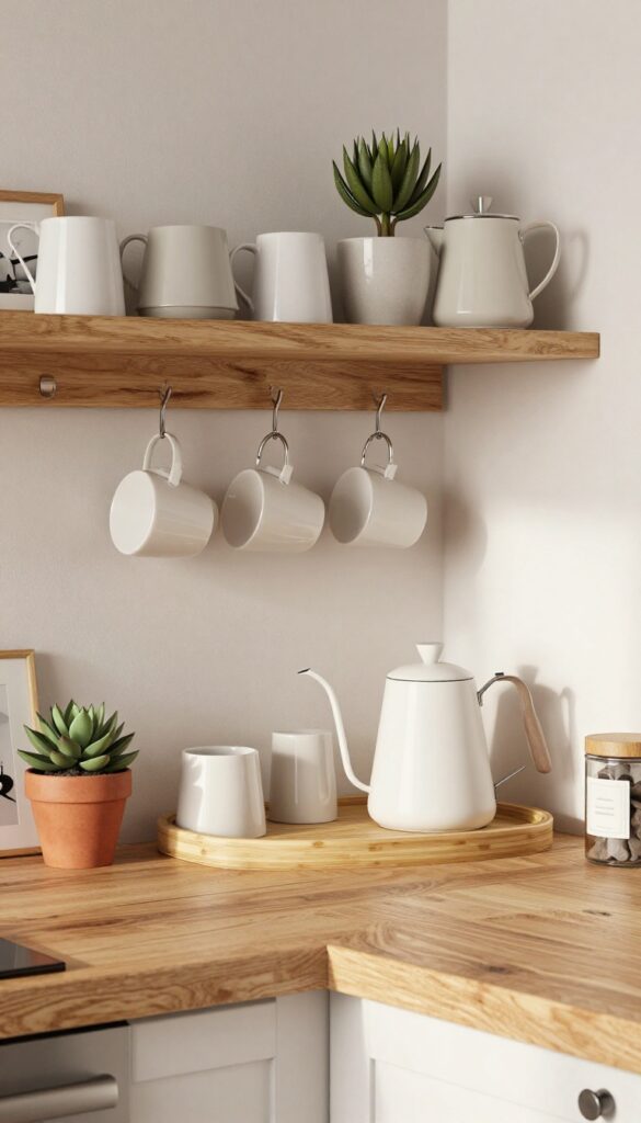 Modern kitchen corner coffee station with wooden shelf, mugs, hooks, bamboo tray, coffee maker, kettle, succulent, framed photo, and labeled canisters in bright natural light.