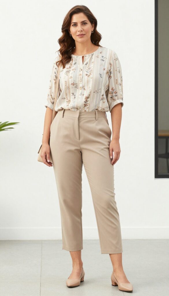 A woman wearing cropped trousers and a lightweight blouse for a casual summer office outfit, styled with pointed flats and a structured handbag in a bright natural setting.