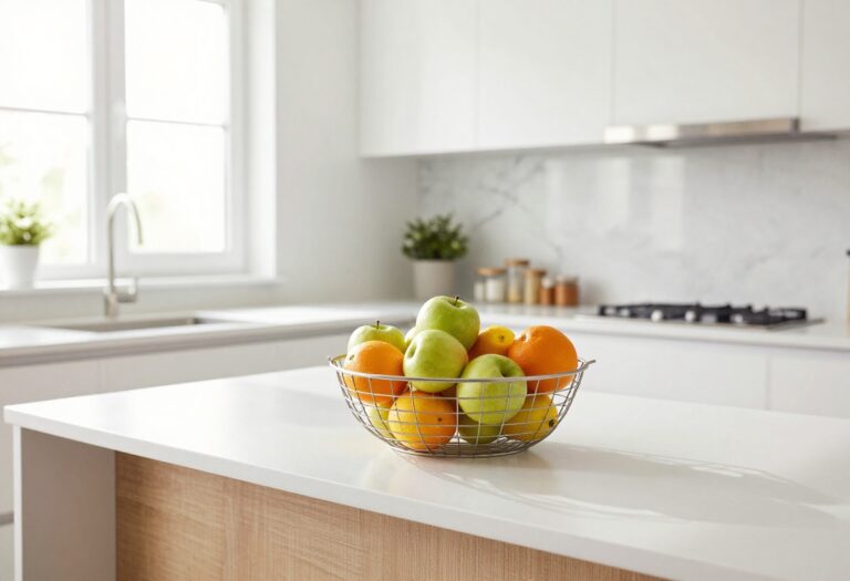 Tiered wire fruit basket filled with apples, oranges, and lemons on a kitchen counter with natural light