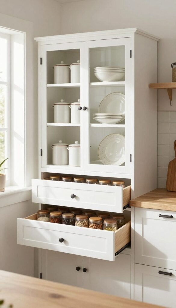 White kitchen hutch with integrated pull-out spice rack drawers, displaying ceramics on top and organized spices below.