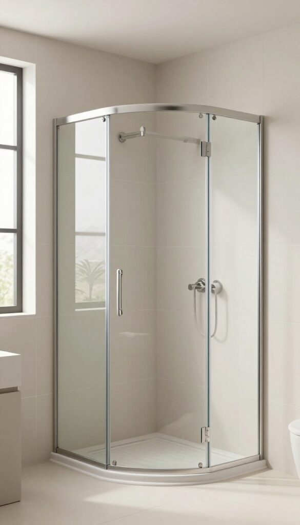 Corner shower in a small bathroom with natural light and neutral decor, maximizing space in a practical and stylish way.