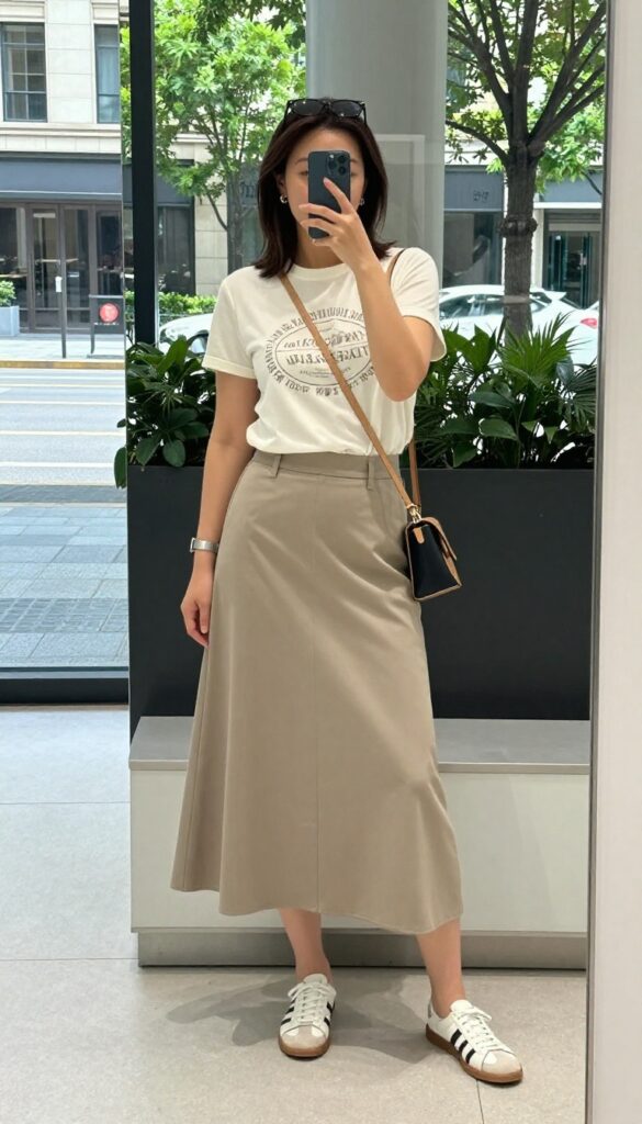 Midsize mom wearing a high-waisted maxi skirt and graphic tee, sneakers, crossbody bag, sunglasses on head, standing in a sunny park.
