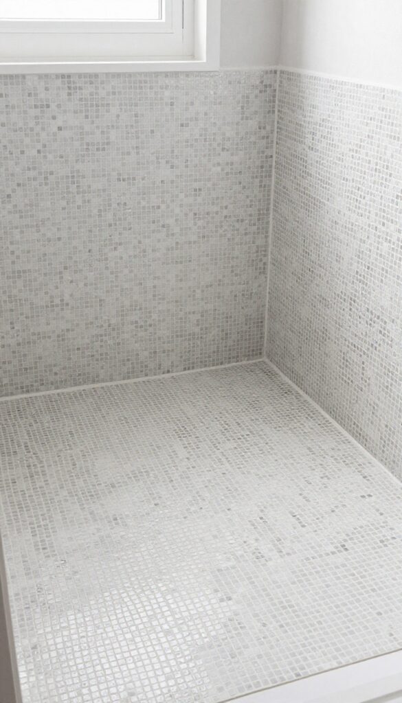 Close-up of textured mosaic tiles on a walk-in shower floor in a modern bathroom with natural lighting.