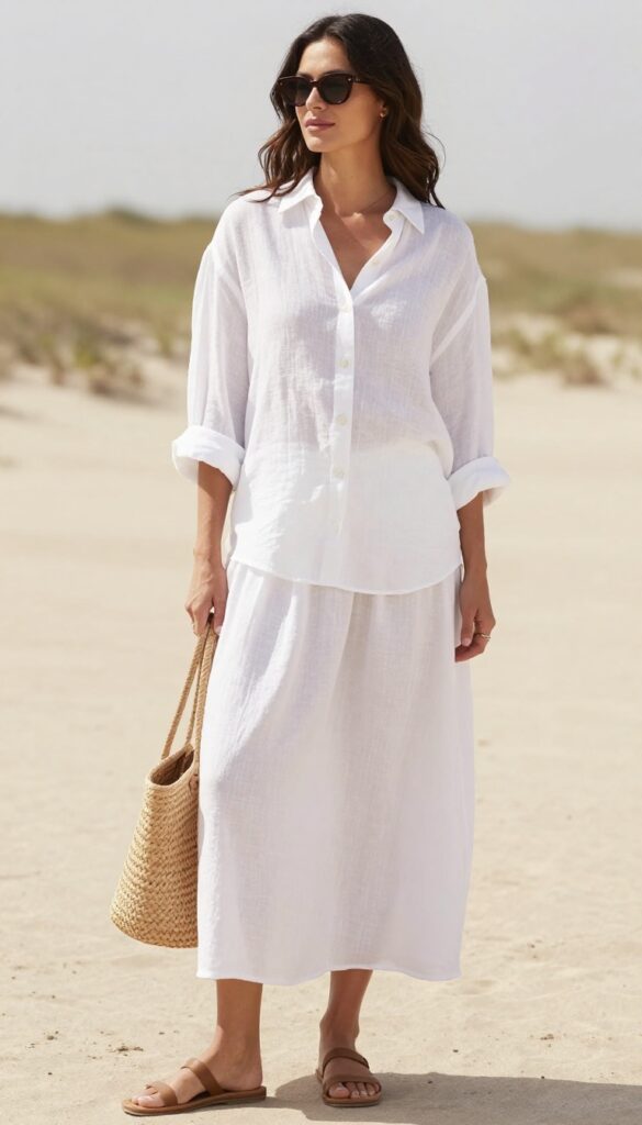 A woman wearing an oversized button-down shirt and a long white skirt in a relaxed summer outfit, styled with slide sandals, sunglasses, layered necklaces, and a woven bag, set in bright natural light outdoors.