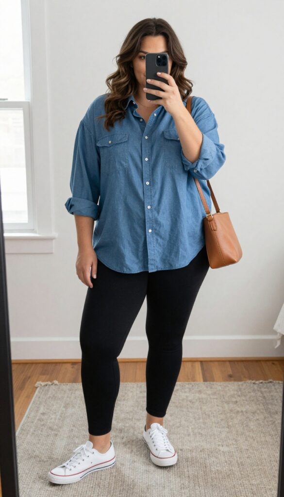 Plus-size woman in oversized blue button-down shirt and black leggings taking a mirror selfie in a bright bedroom.