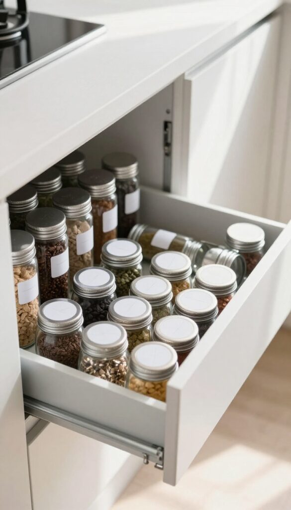 Pull-out spice rack in a kitchen cabinet with neatly organized glass jars