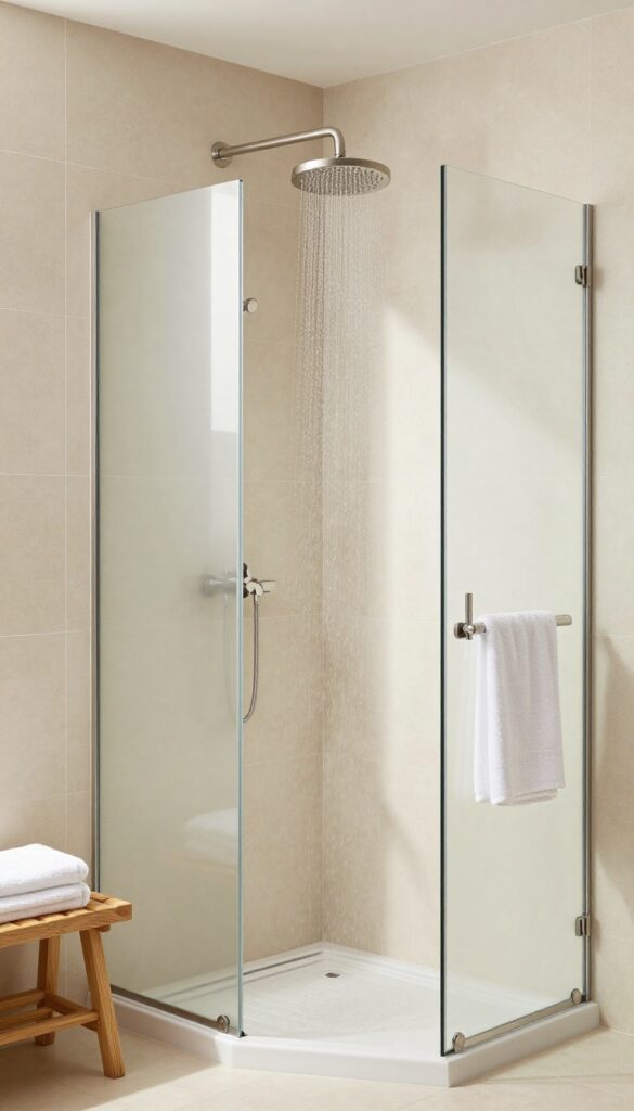 Monochromatic beige walk-in spa shower with rainfall showerhead, natural light, teak bench, and fluffy towel.