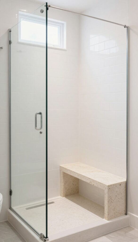 White tile walk-in shower with a natural stone bench adding texture and warmth