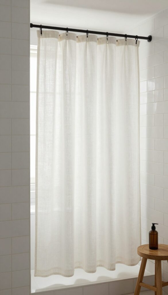 Curved shower rod with floor-length linen curtain in a single shower stall