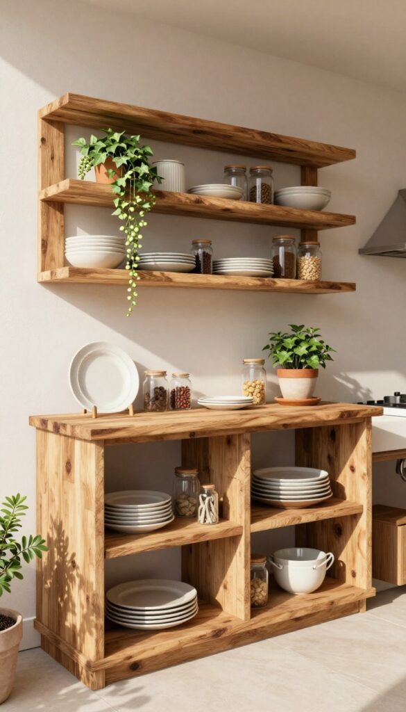 Outdoor kitchen shelving made from cinder blocks and wood planks, styled with dishes, spices, and trailing plants in natural light.