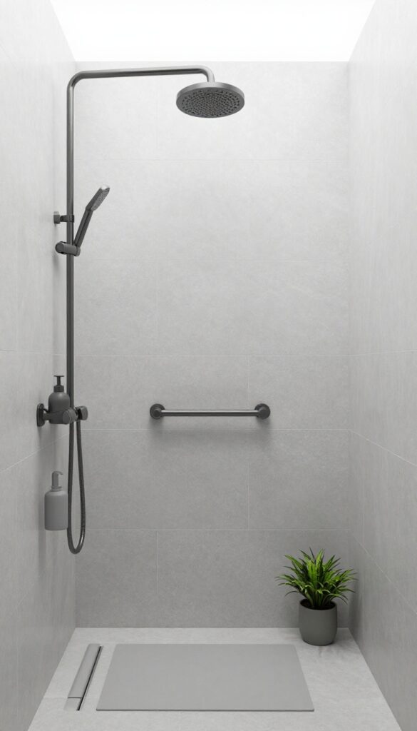 A modern wet shower room with monochromatic gray tones, clean lines, glossy black fixtures, matte accessories, and a touch of greenery for visual interest.