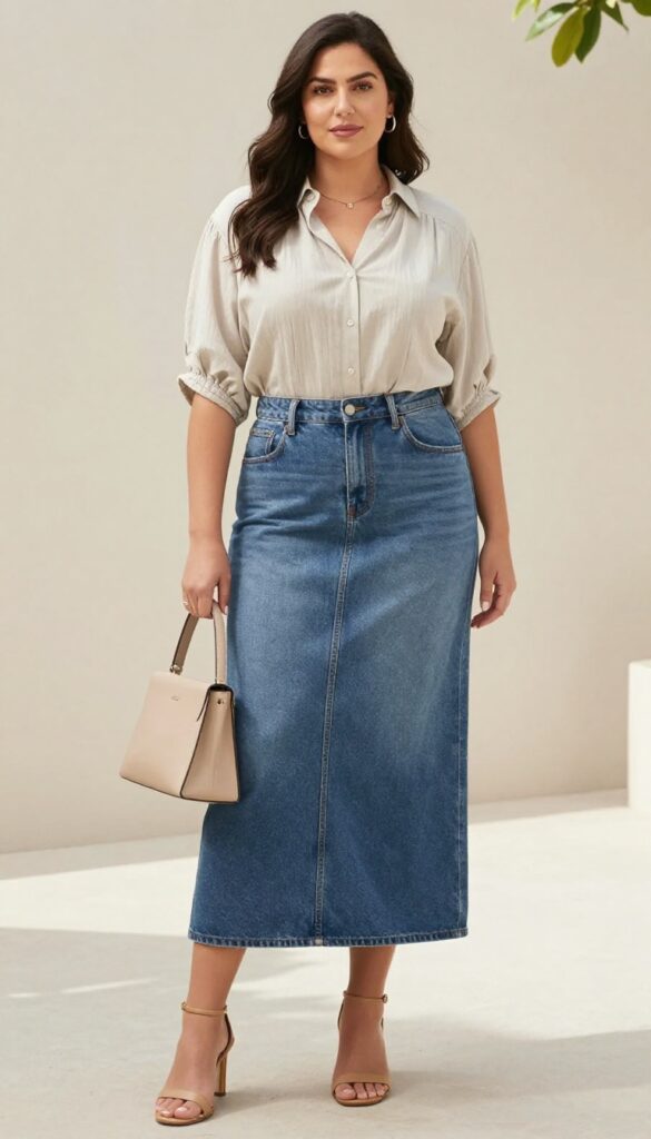 A woman wearing a flowy blouse tucked into a long denim skirt with heeled sandals and simple accessories, styled for a chic summer look in a bright natural setting.