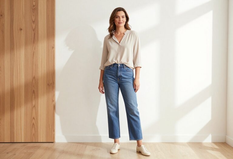 Midsize mom wearing high-waisted straight jeans and a relaxed blouse, standing casually in a bright room.