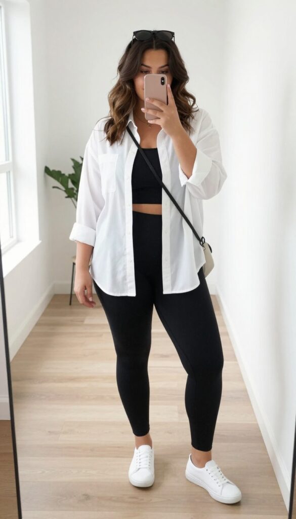 Plus-size woman in oversized white shirt and black leggings taking a mirror selfie, casual outfit idea.