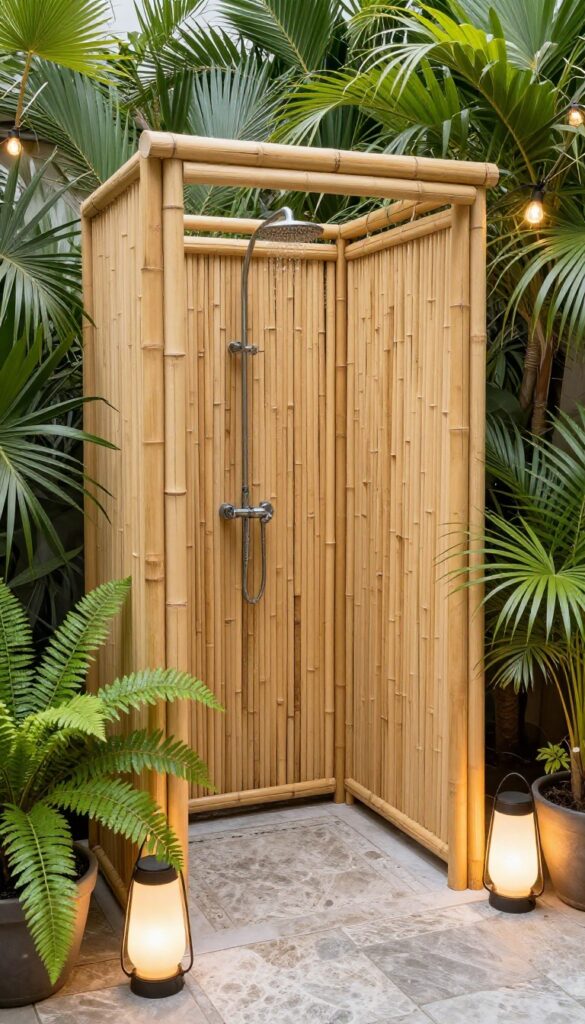 Outdoor shower with bamboo screen enclosure in a tropical garden setting