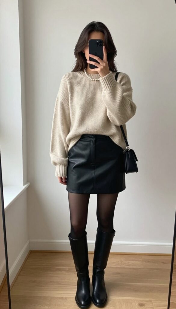 Woman in cream chunky knit sweater and black leather mini skirt taking a mirror selfie, wearing a pearl necklace, knee-high boots, and crossbody bag.