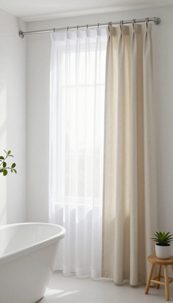 Layered sheer and fabric shower curtains in a bright bathroom