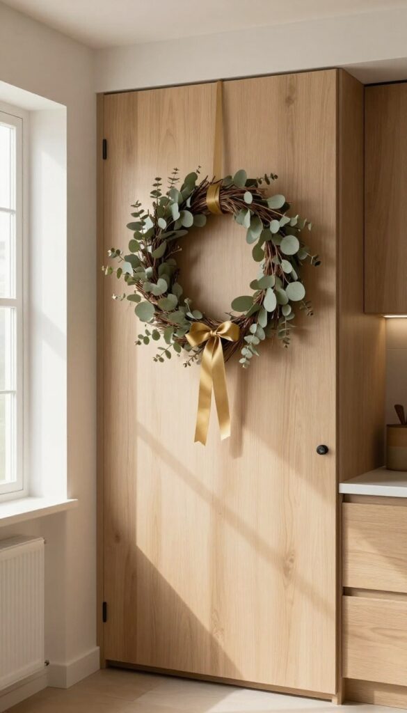 A kitchen pantry door decorated with a dried eucalyptus wreath tied with a brass ribbon