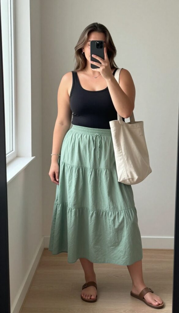 Plus-size woman taking a mirror selfie wearing a tiered midi skirt and fitted black tank top, with flat sandals and a crossbody bag, in bright natural light.