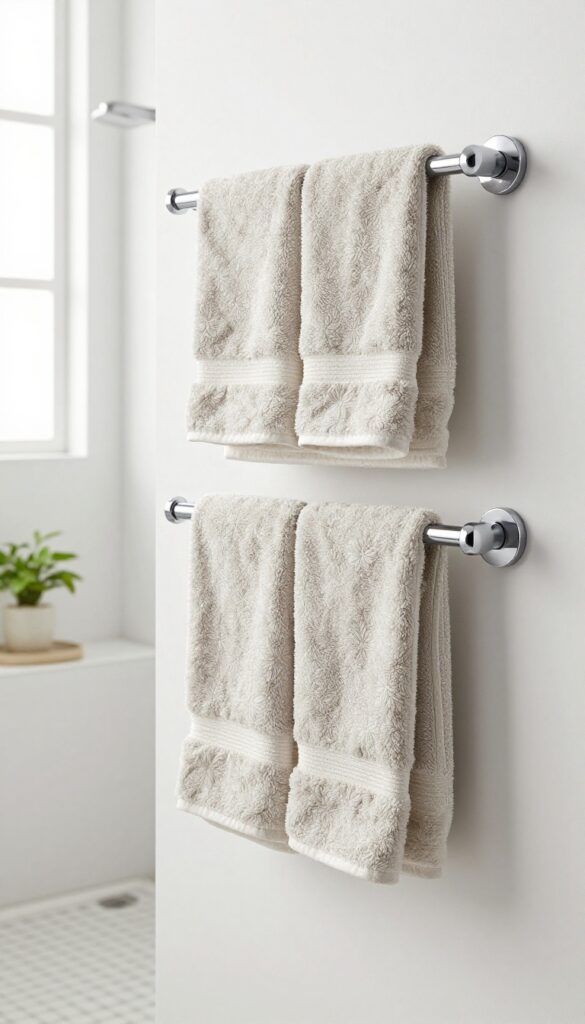 A modern bathroom featuring a heated towel bar with warm, fluffy towels in natural light, emphasizing cozy and practical storage.