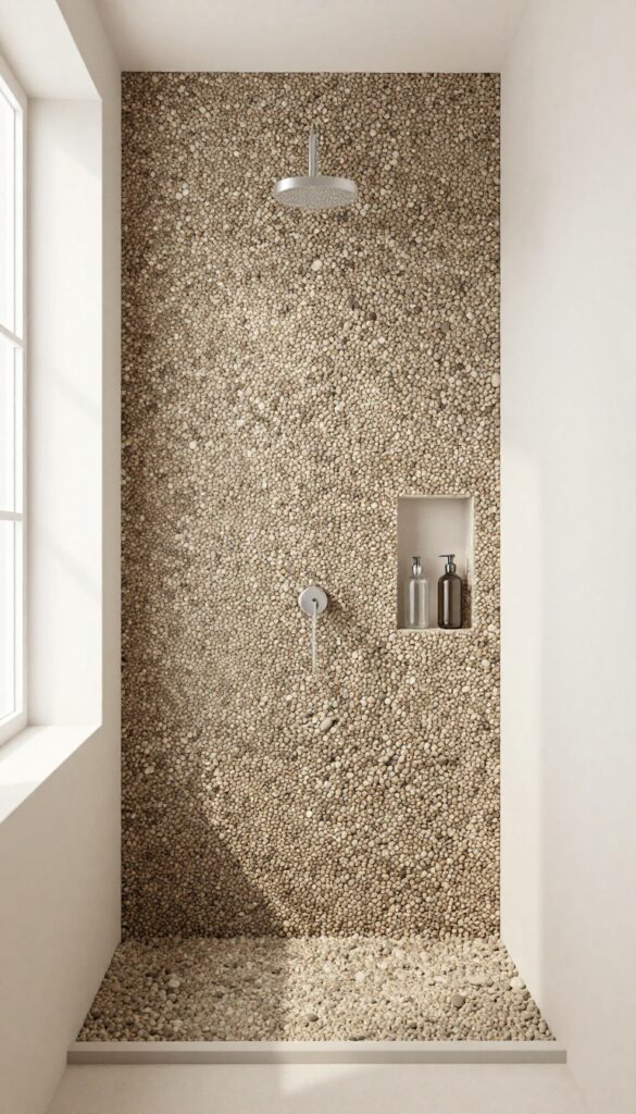 Recessed wall caddy with pebble accent in a bright modern shower