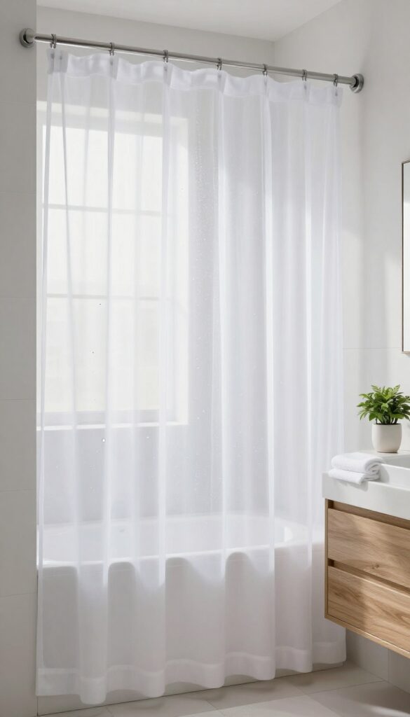 A transparent sheer shower curtain in a bright, minimalist bathroom, enhancing light and space for an airy feel.