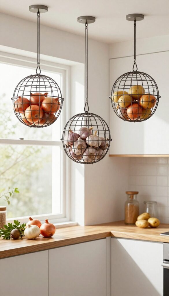 Hanging wire baskets filled with produce in a bright kitchen