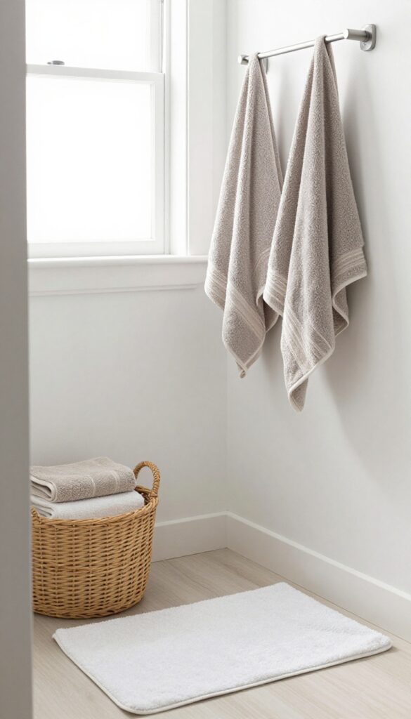 A small quadrant shower room with soft textiles including fluffy bath mats and towels in muted hues like gray and beige, arranged to add warmth and texture to the space.