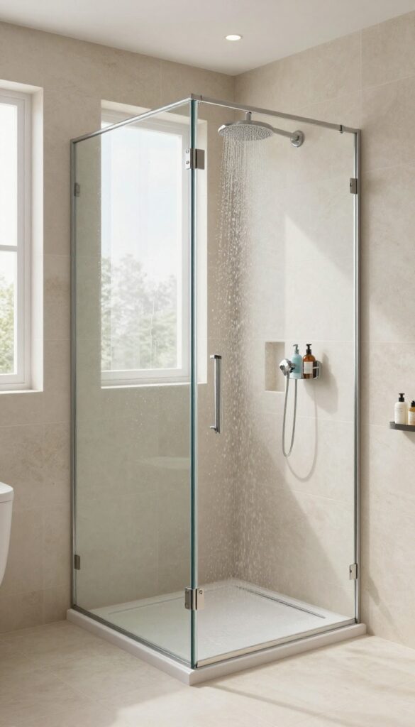 A minimalist no-door walk-in shower with a partial glass screen in a small bathroom, showcasing neutral tiles, natural textures, and bright lighting for an open, modern look.