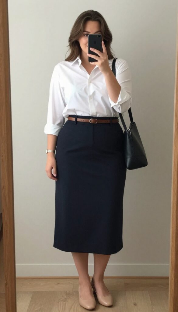 Plus-size woman in white button-down shirt and navy A-line skirt with belt and ballet flats, taking a mirror selfie in a bright office setting.