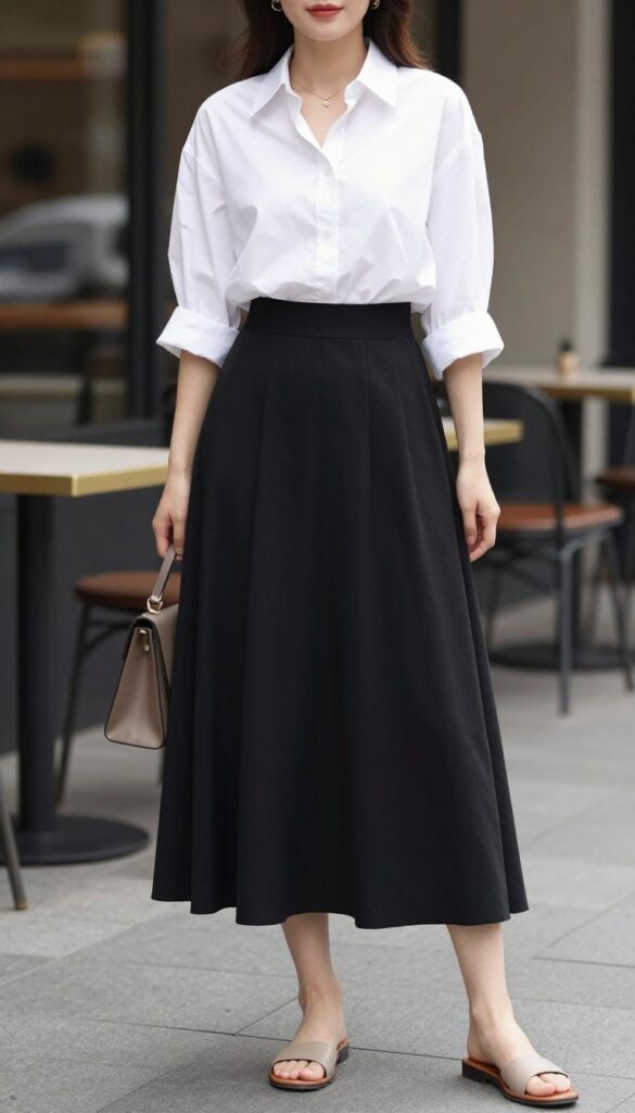 A woman wearing a white button-down shirt and a long black skirt for a summer outfit, styled with neutral sandals and a structured bag in a bright outdoor setting.